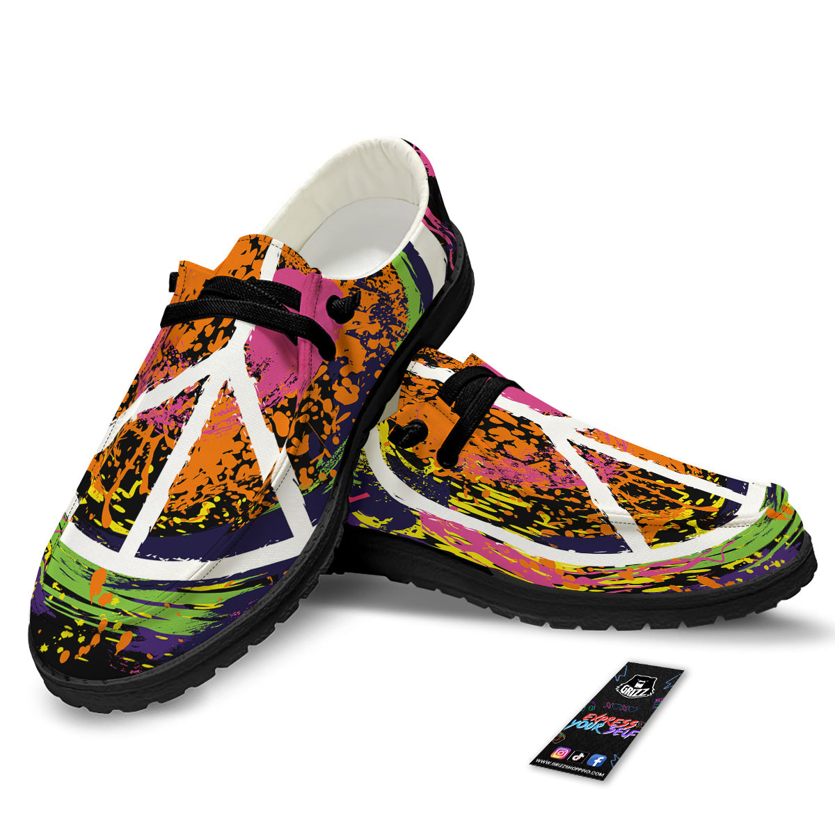 Peace Symbols Colorful Hippie Print Black Loafers-grizzshop