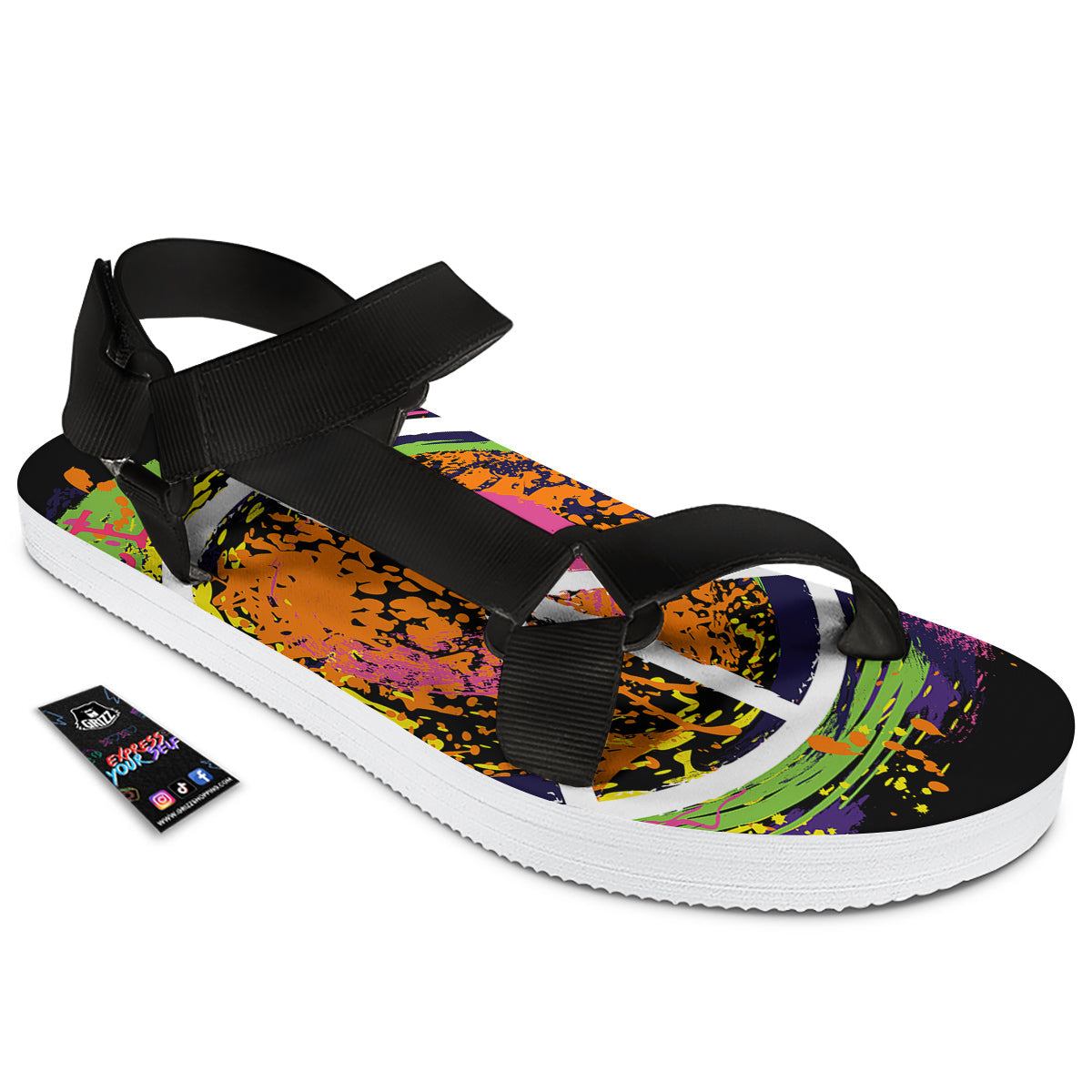 Peace Symbols Colorful Hippie Print Black Open Toe Sandals-grizzshop