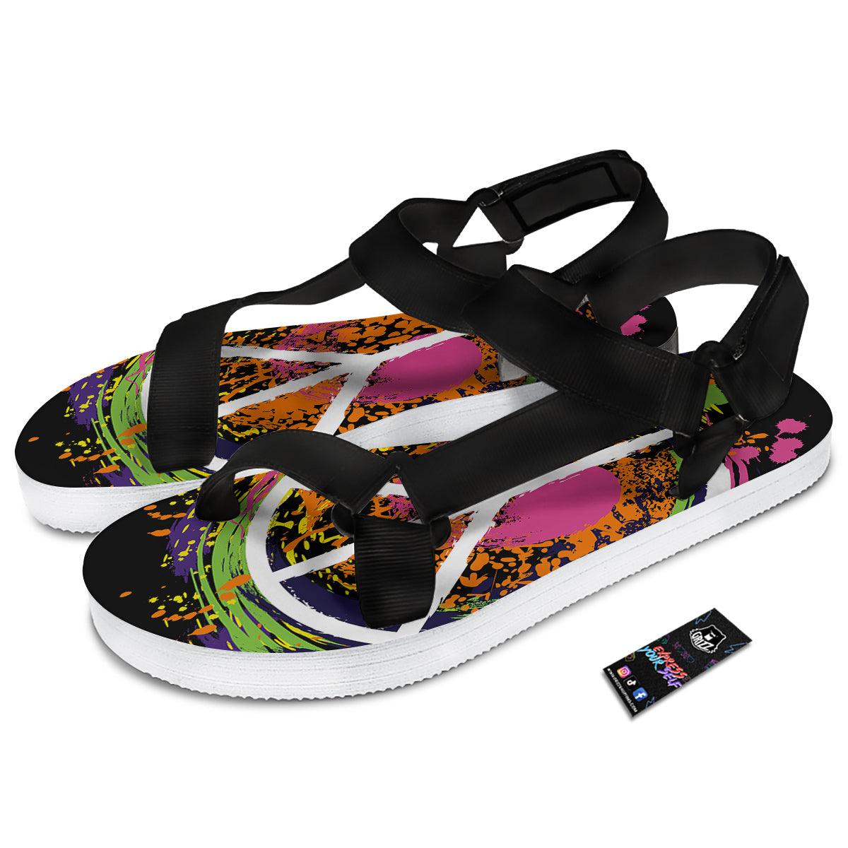 Peace Symbols Colorful Hippie Print Black Open Toe Sandals-grizzshop