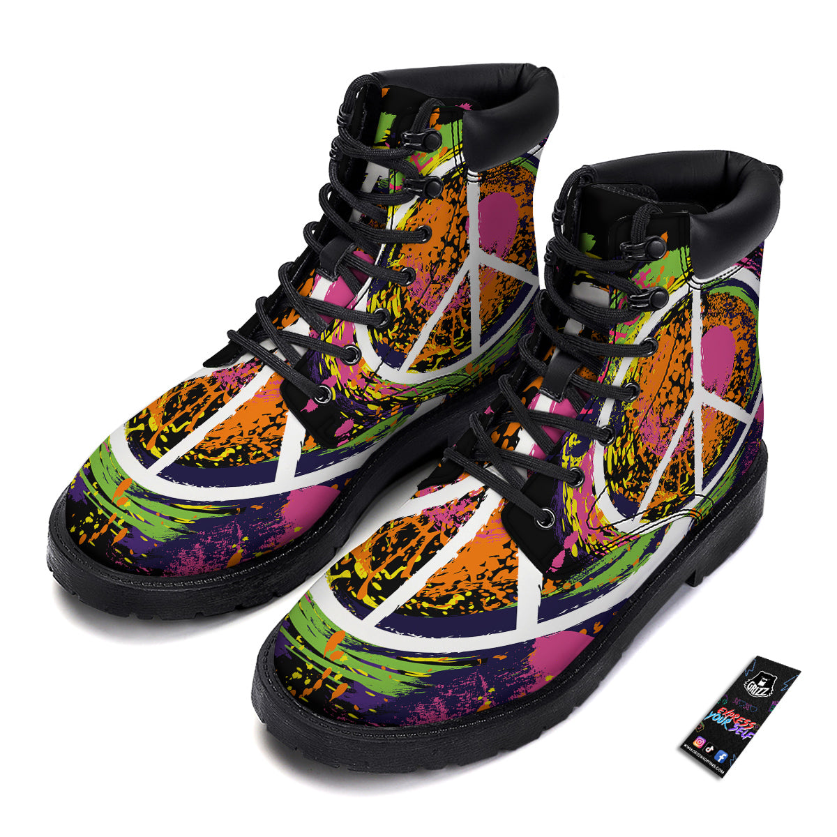 Peace Symbols Colorful Hippie Print Boots-grizzshop