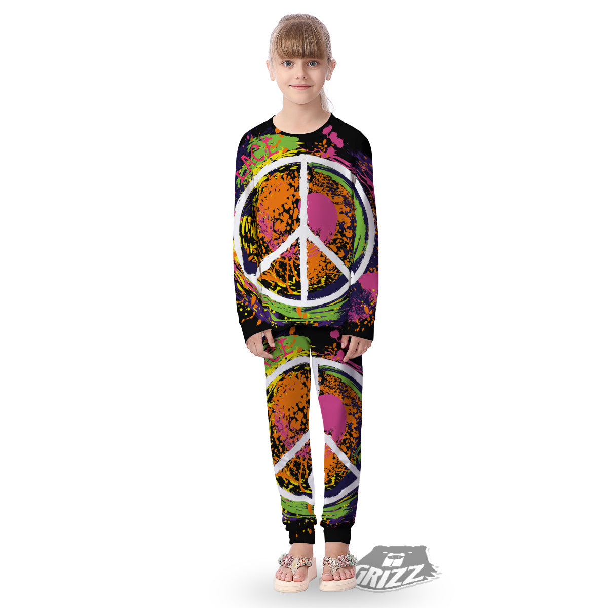 Peace Symbols Colorful Hippie Print Kid's Pajamas-grizzshop