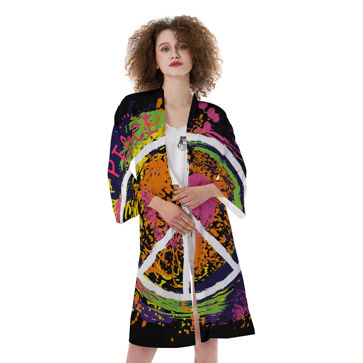 Peace Symbols Colorful Hippie Print Kimono-grizzshop