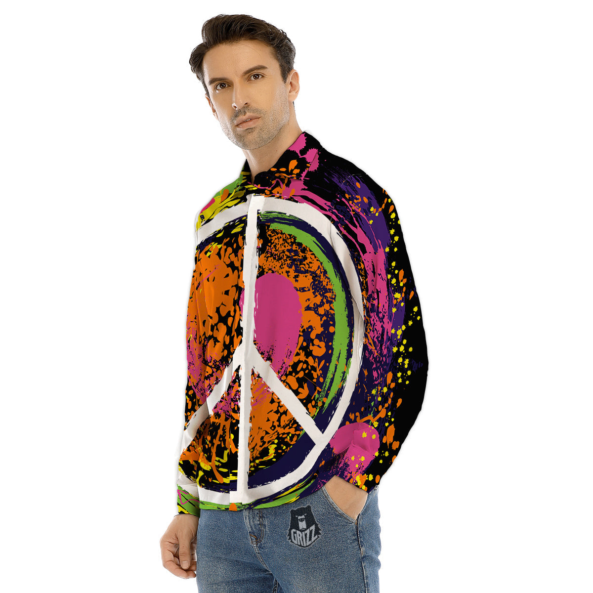 Peace Symbols Colorful Hippie Print Men's Dress Shirts-grizzshop