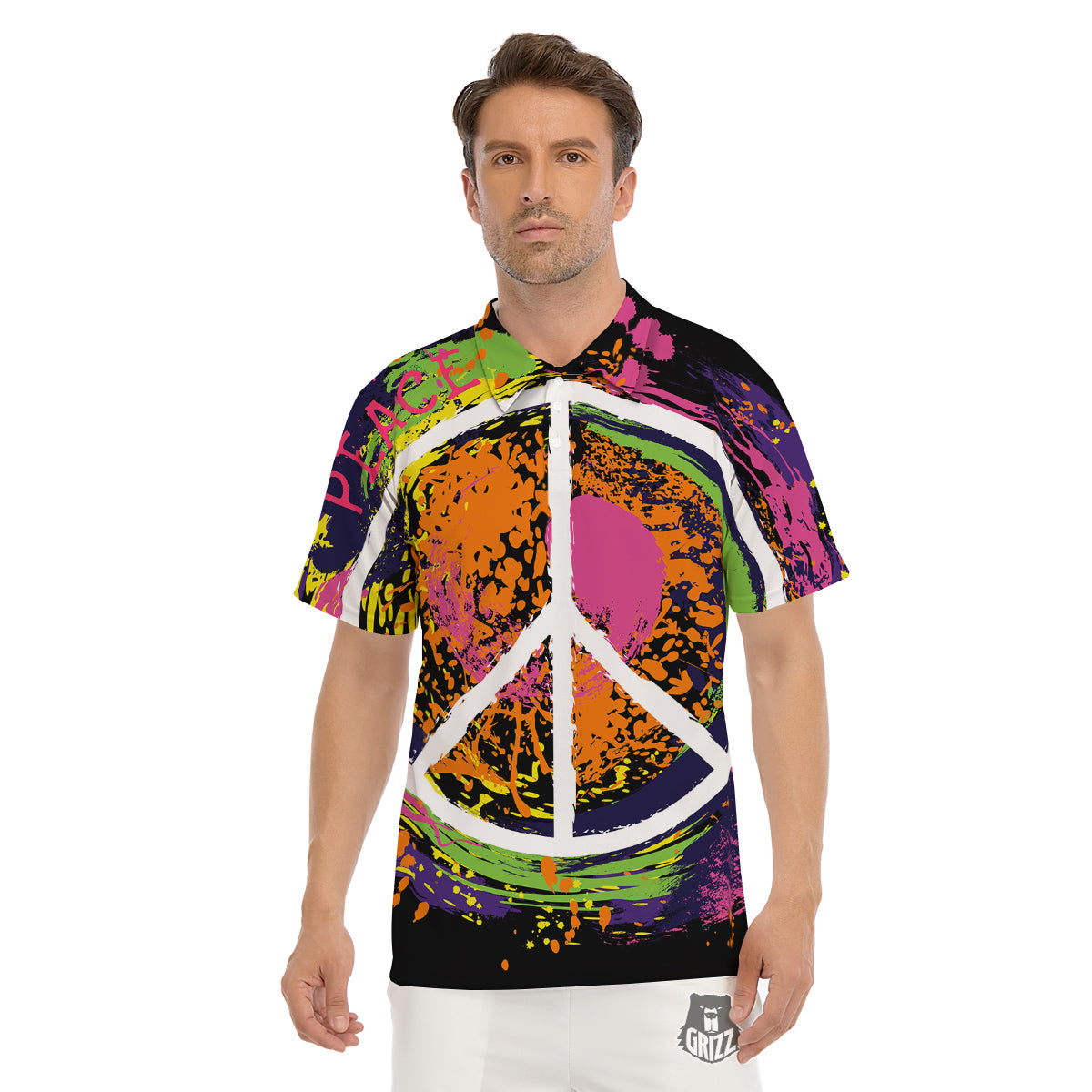 Peace Symbols Colorful Hippie Print Men's Golf Shirts-grizzshop