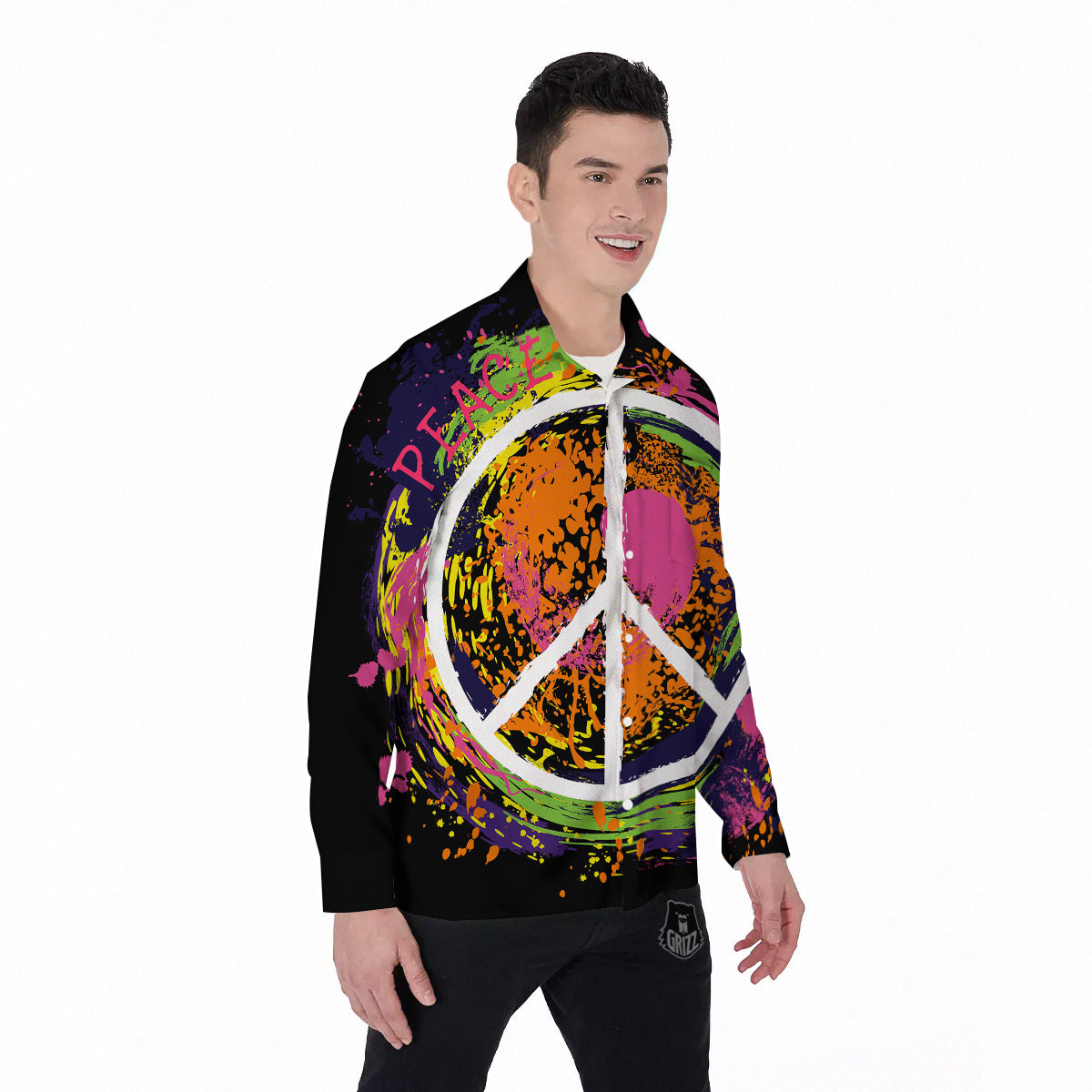 Peace Symbols Colorful Hippie Print Men's Long Sleeve Shirts-grizzshop
