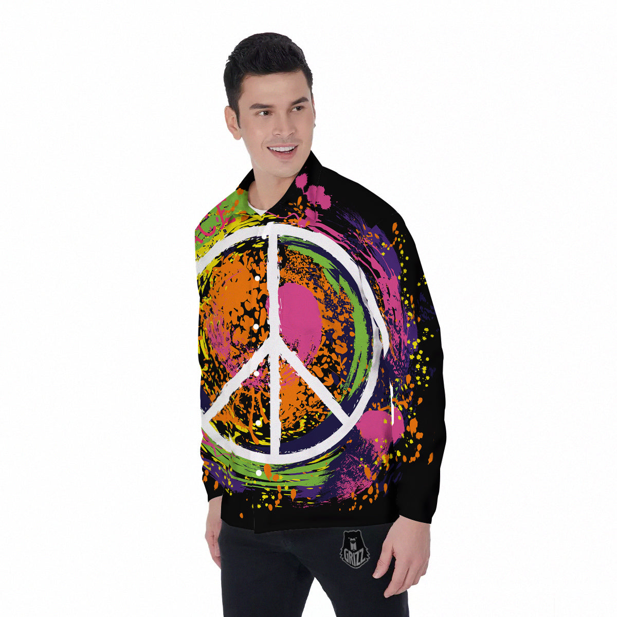 Peace Symbols Colorful Hippie Print Men's Long Sleeve Shirts-grizzshop