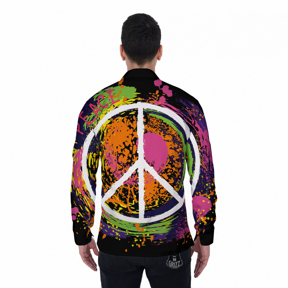 Peace Symbols Colorful Hippie Print Men's Long Sleeve Shirts-grizzshop