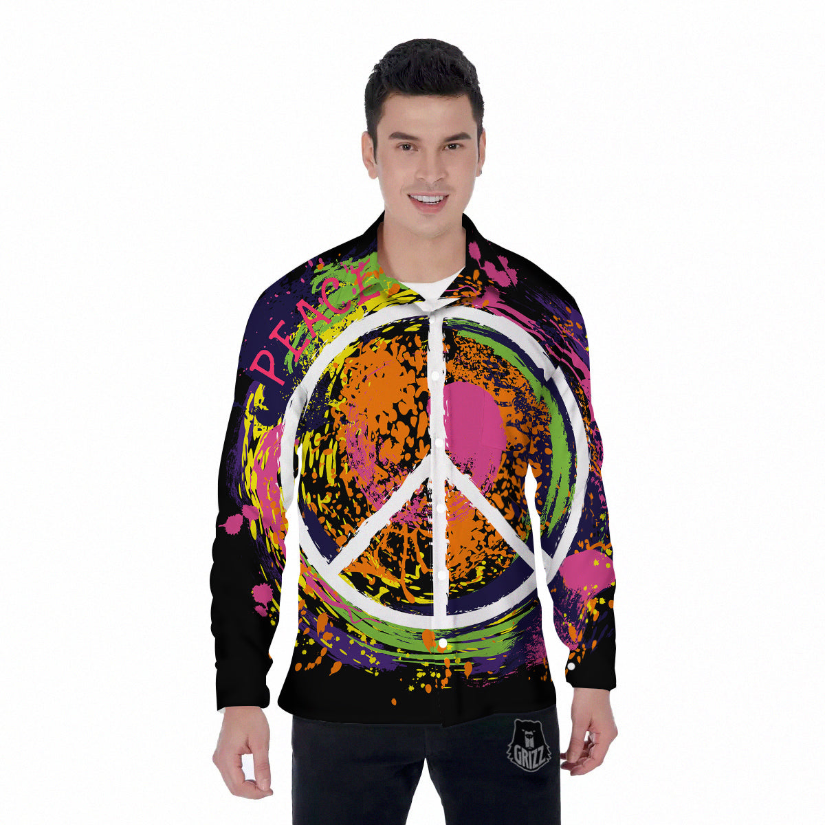 Peace Symbols Colorful Hippie Print Men's Long Sleeve Shirts-grizzshop