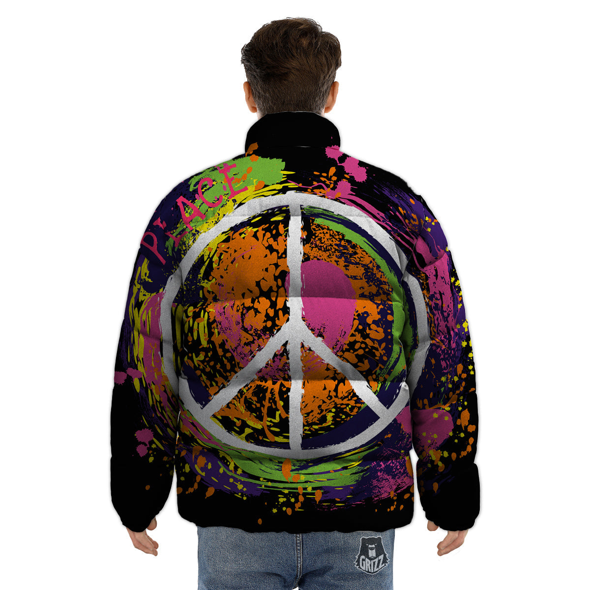 Peace Symbols Colorful Hippie Print Puffer Jacket-grizzshop