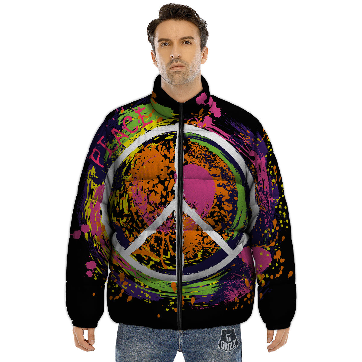 Peace Symbols Colorful Hippie Print Puffer Jacket-grizzshop