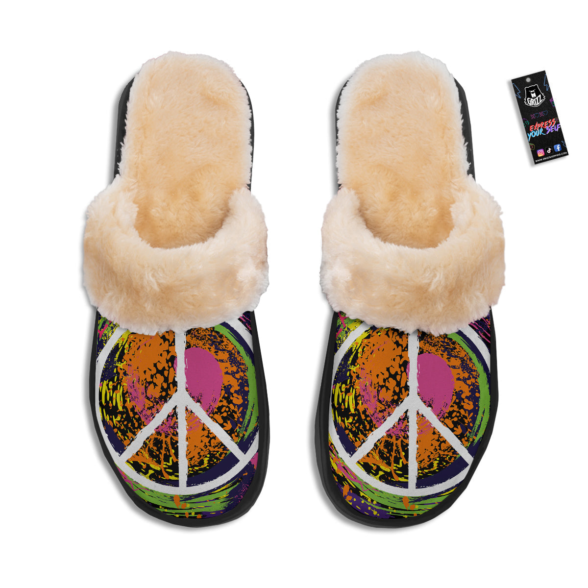Peace Symbols Colorful Hippie Print Slippers-grizzshop