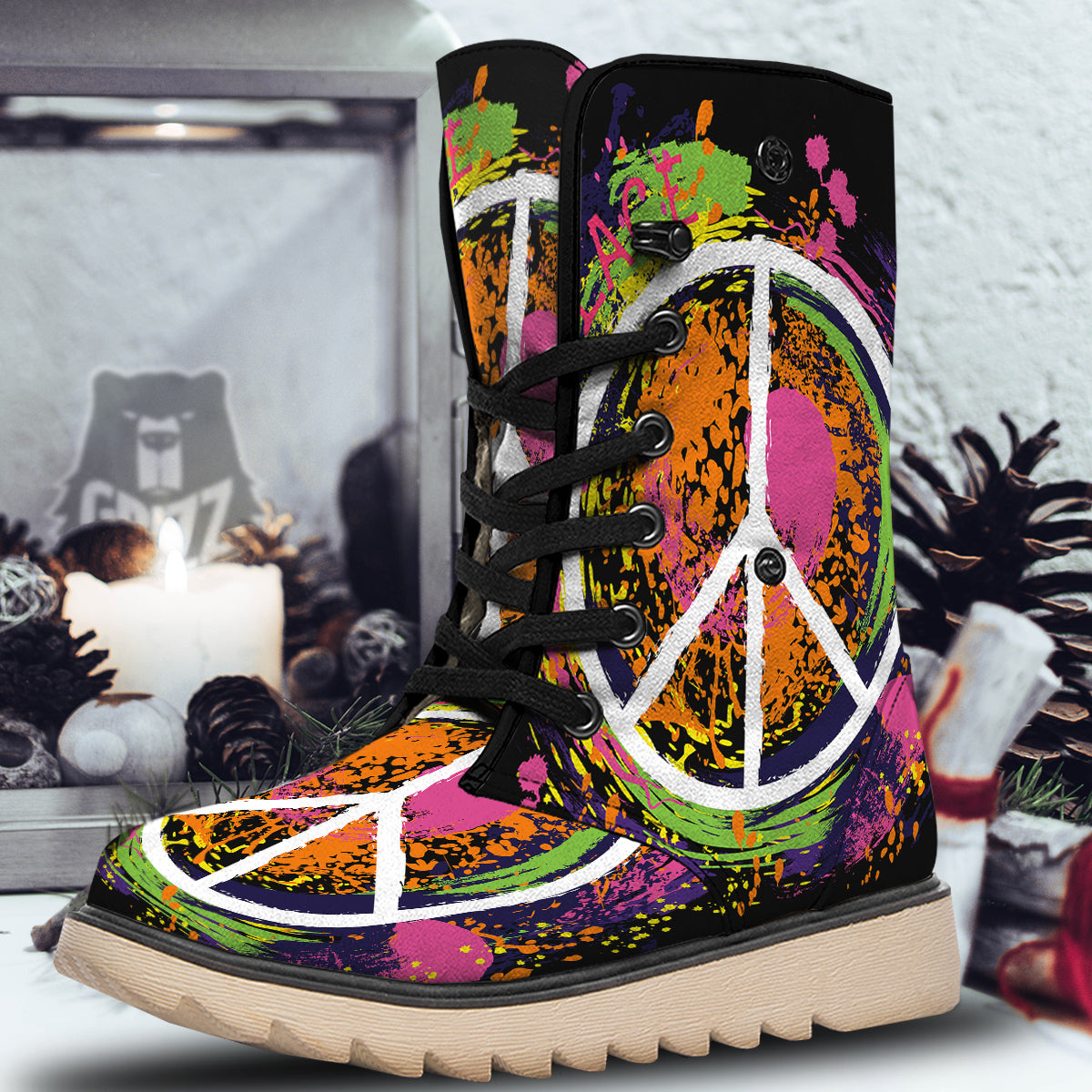 Peace Symbols Colorful Hippie Print Snow Boots-grizzshop