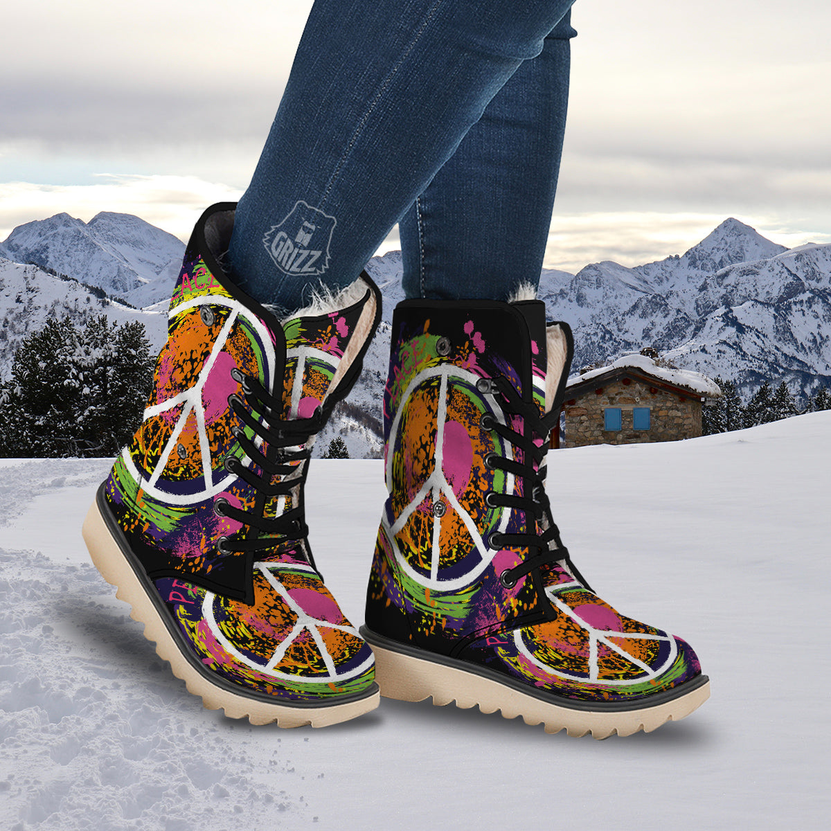 Peace Symbols Colorful Hippie Print Snow Boots-grizzshop