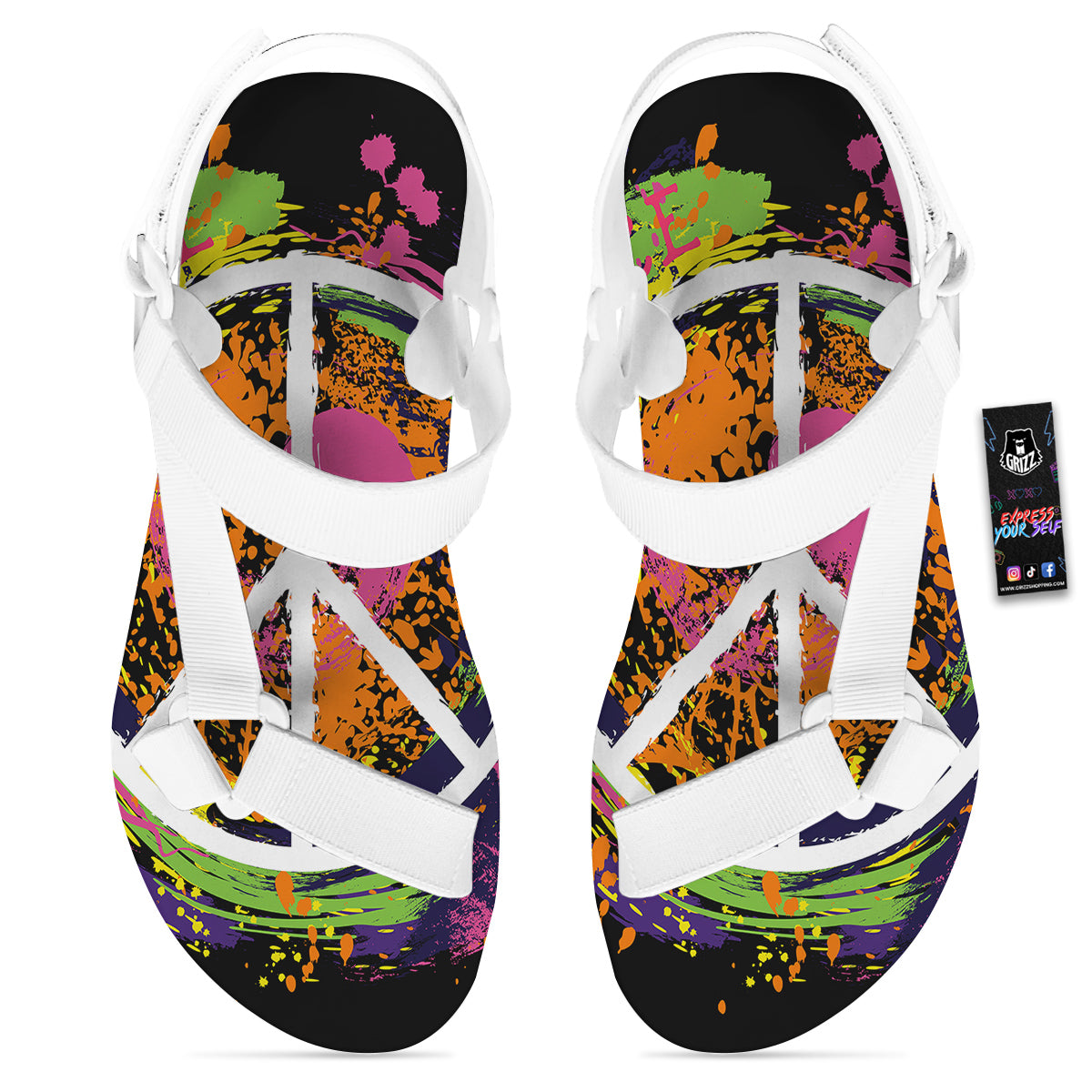 Peace Symbols Colorful Hippie Print White Open Toe Sandals-grizzshop