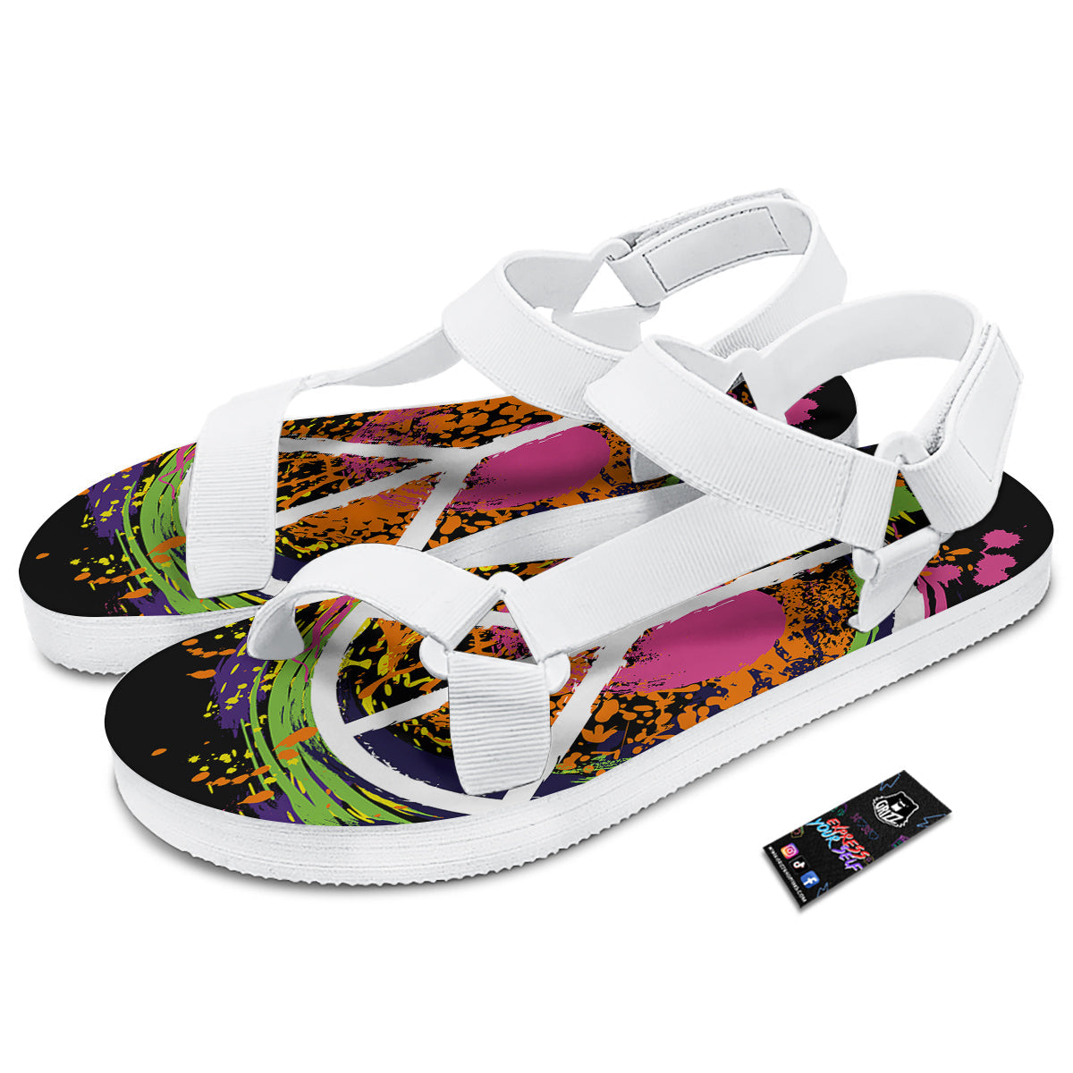 Peace Symbols Colorful Hippie Print White Open Toe Sandals-grizzshop