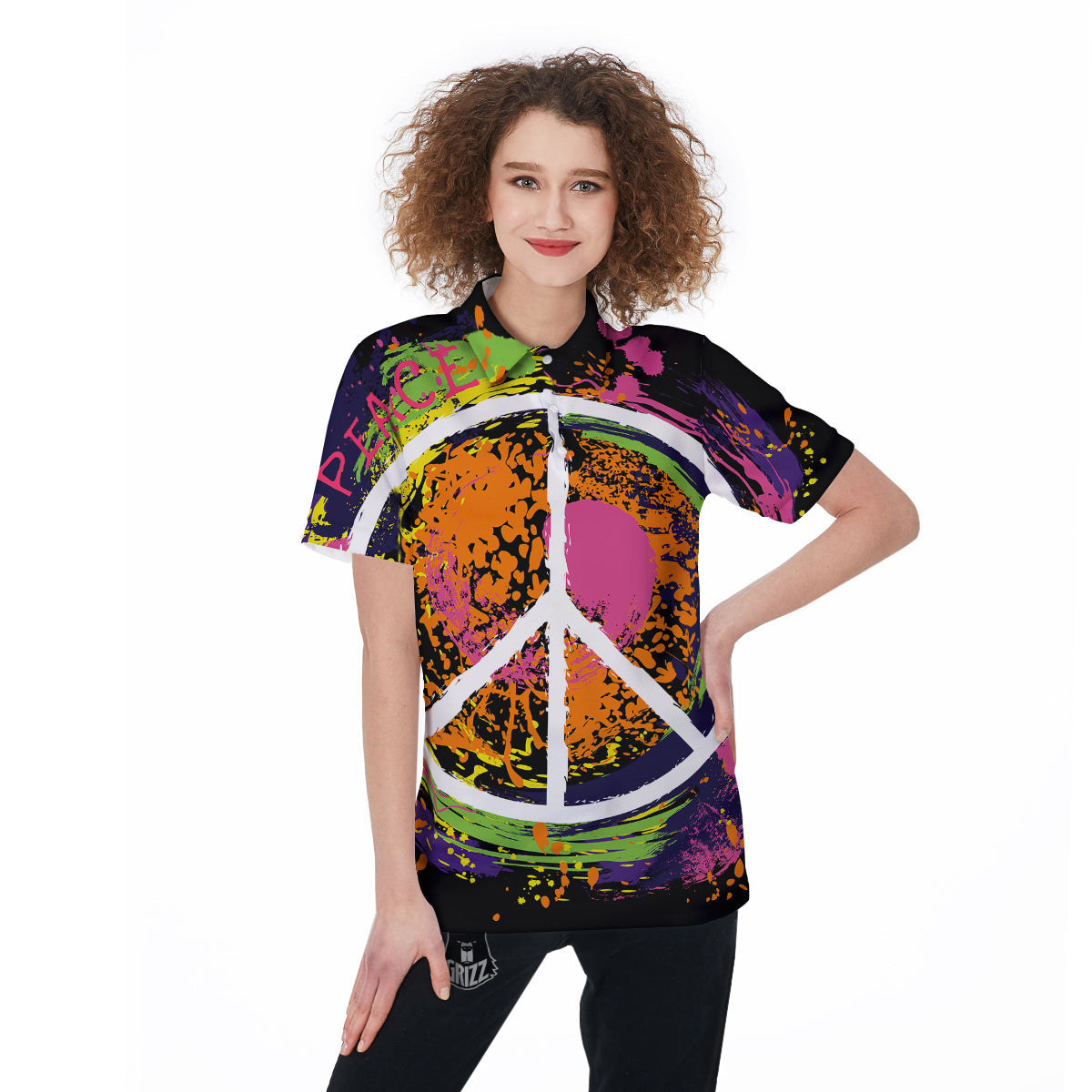 Peace Symbols Colorful Hippie Print Women's Golf Shirts-grizzshop