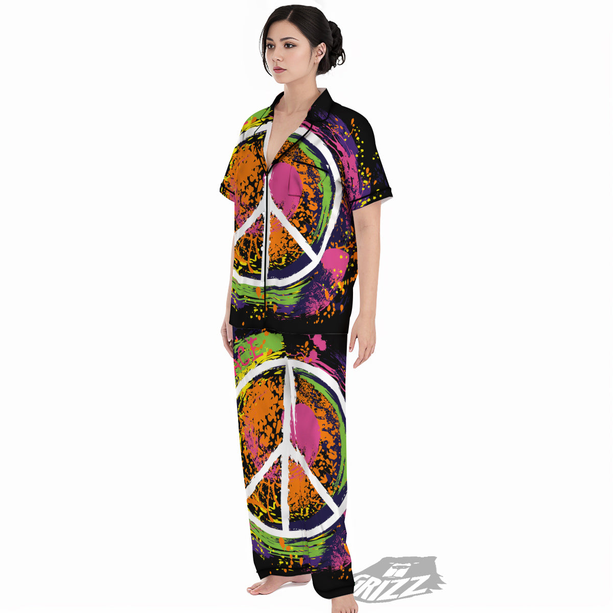 Peace Symbols Colorful Hippie Print Women's Pajamas Set-grizzshop