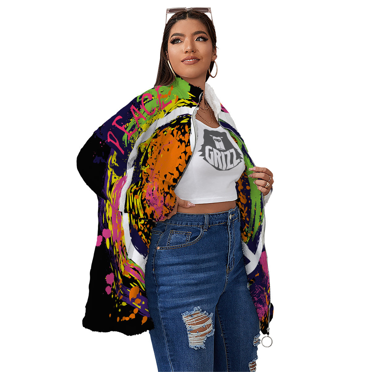 Peace Symbols Colorful Hippie Print Women's Sherpa Jacket-grizzshop