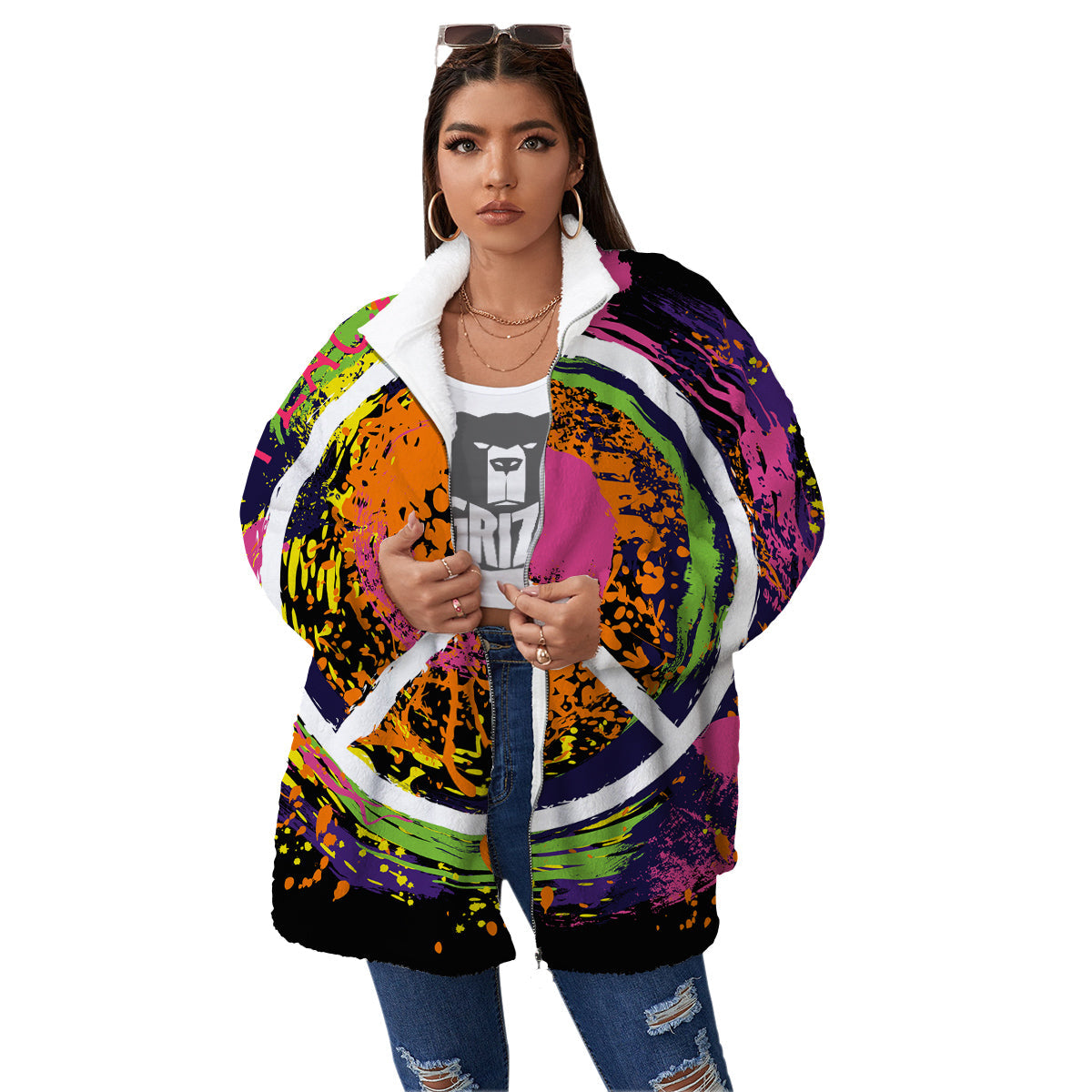 Peace Symbols Colorful Hippie Print Women's Sherpa Jacket-grizzshop