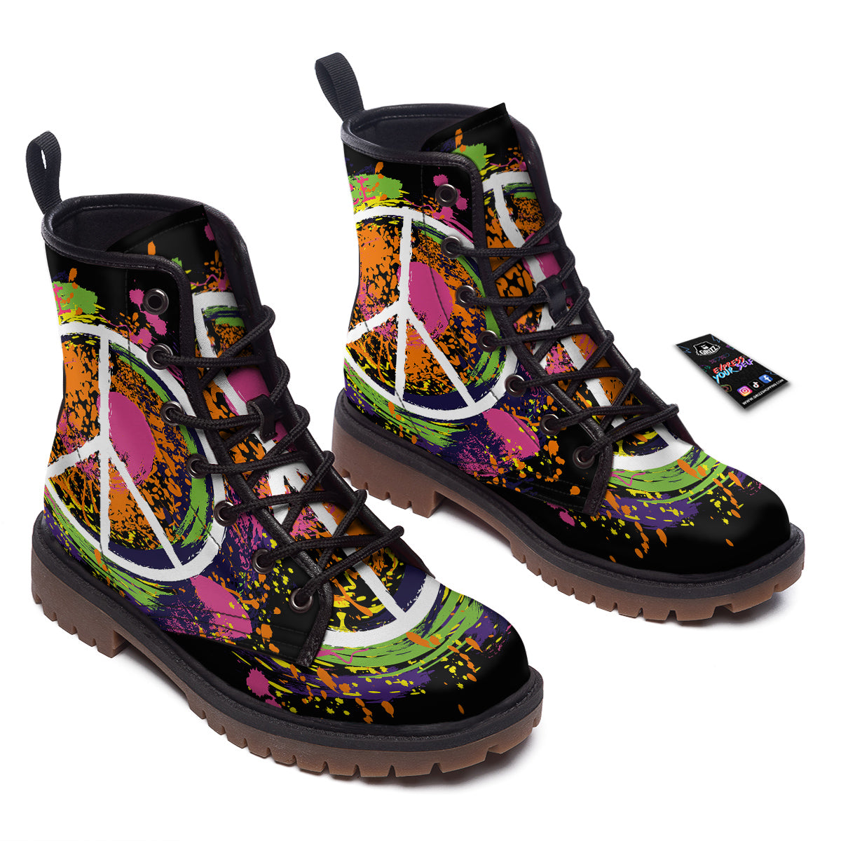 Peace Symbols Colorful Hippie Print Work Boots-grizzshop