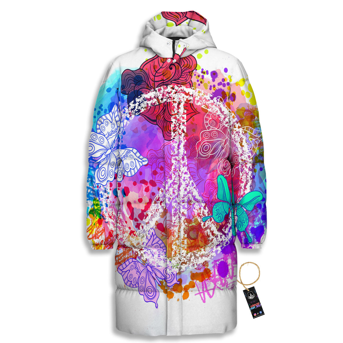 Peace Signs Colorful Hippie Print Long Down Jacket