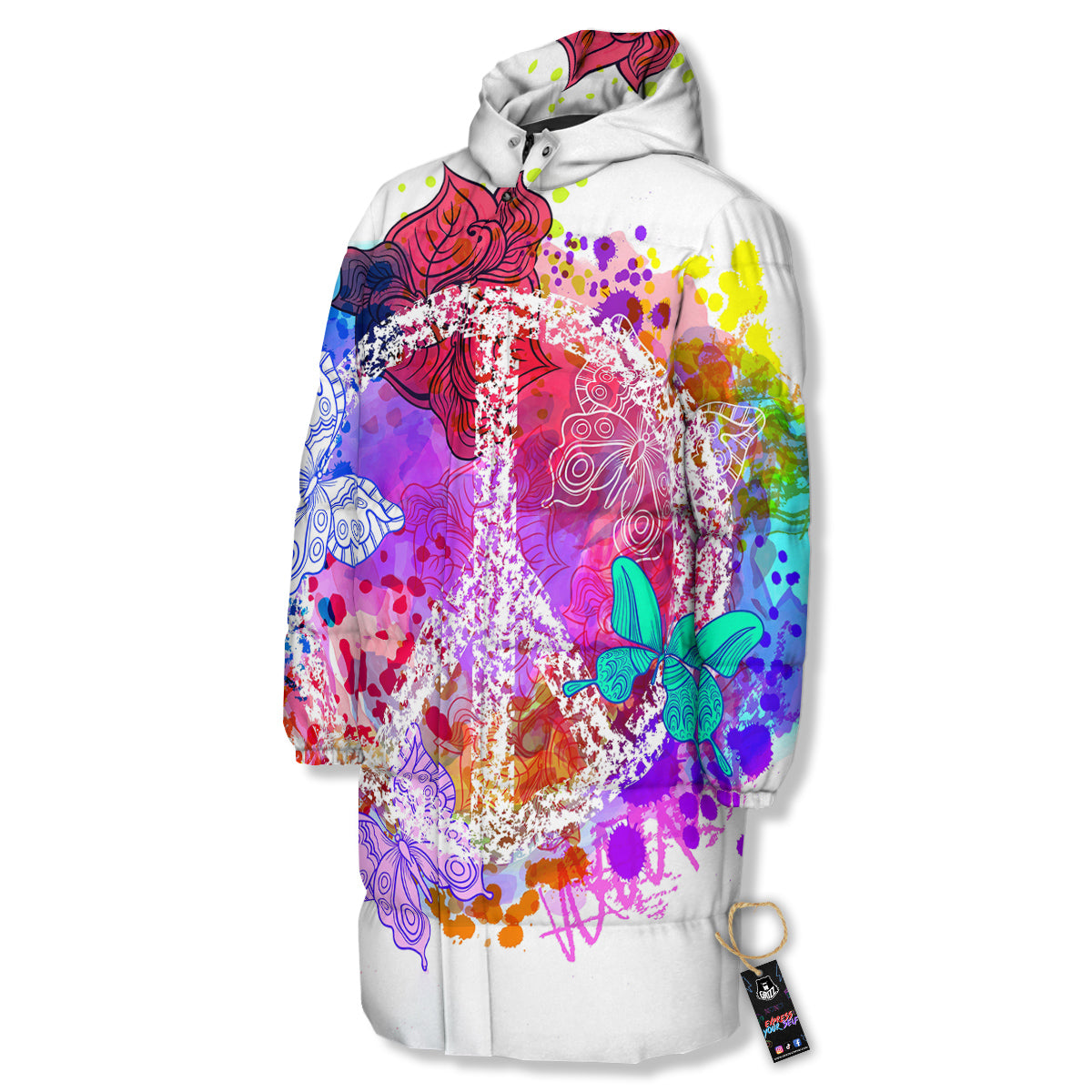 Peace Signs Colorful Hippie Print Long Down Jacket