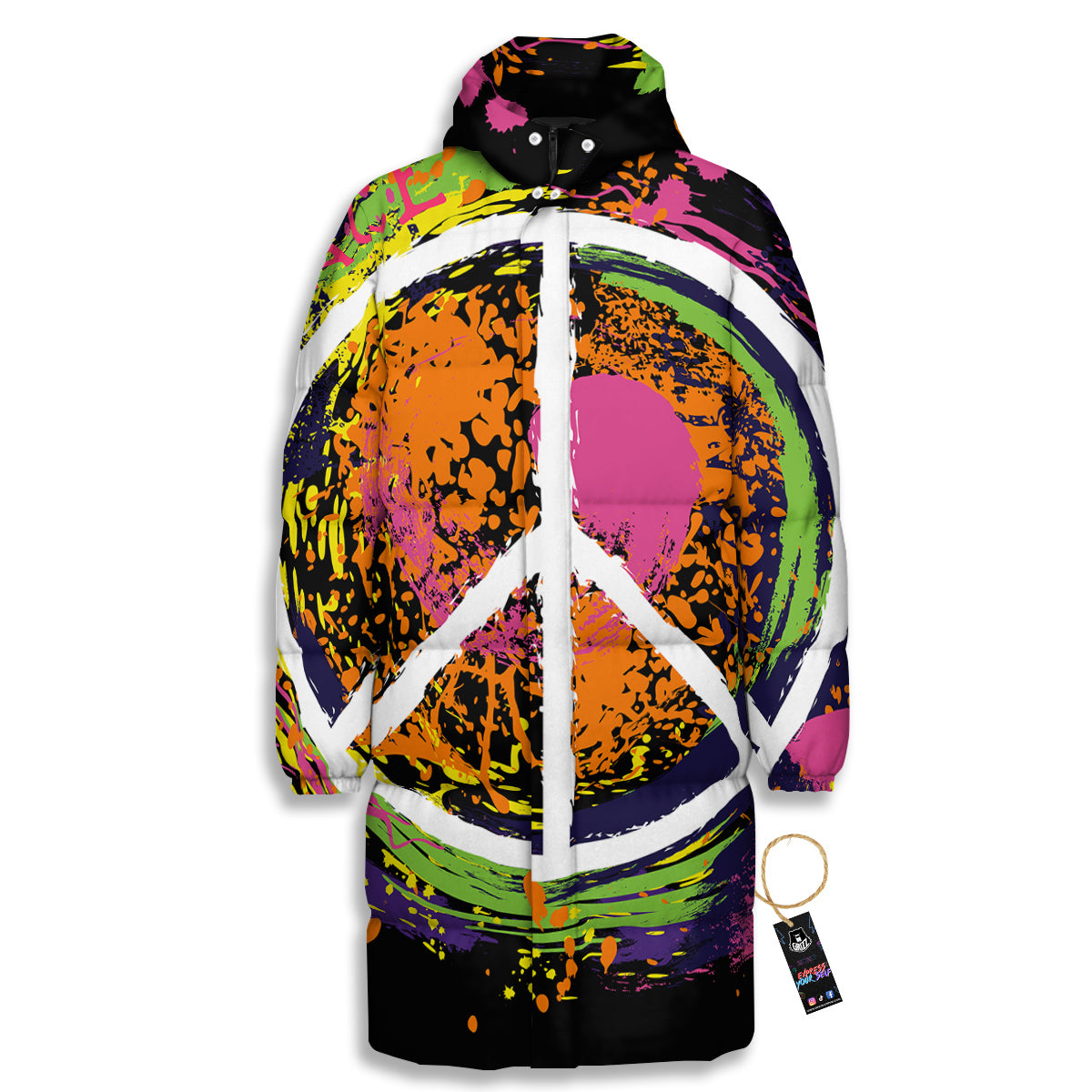 Peace Symbols Colorful Hippie Print Long Down Jacket