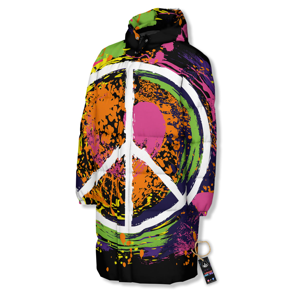 Peace Symbols Colorful Hippie Print Long Down Jacket