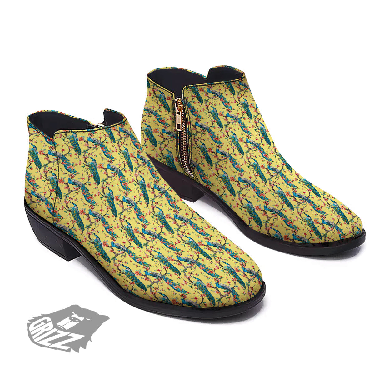 Peacock Cherry Blossom Print Ankle Boots-grizzshop