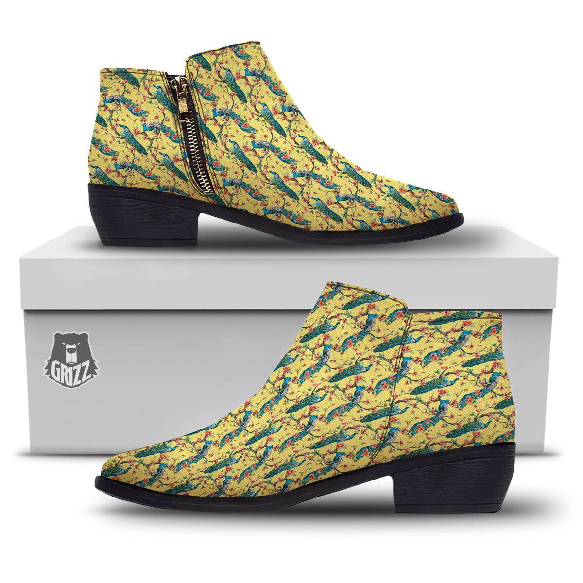Peacock Cherry Blossom Print Ankle Boots-grizzshop
