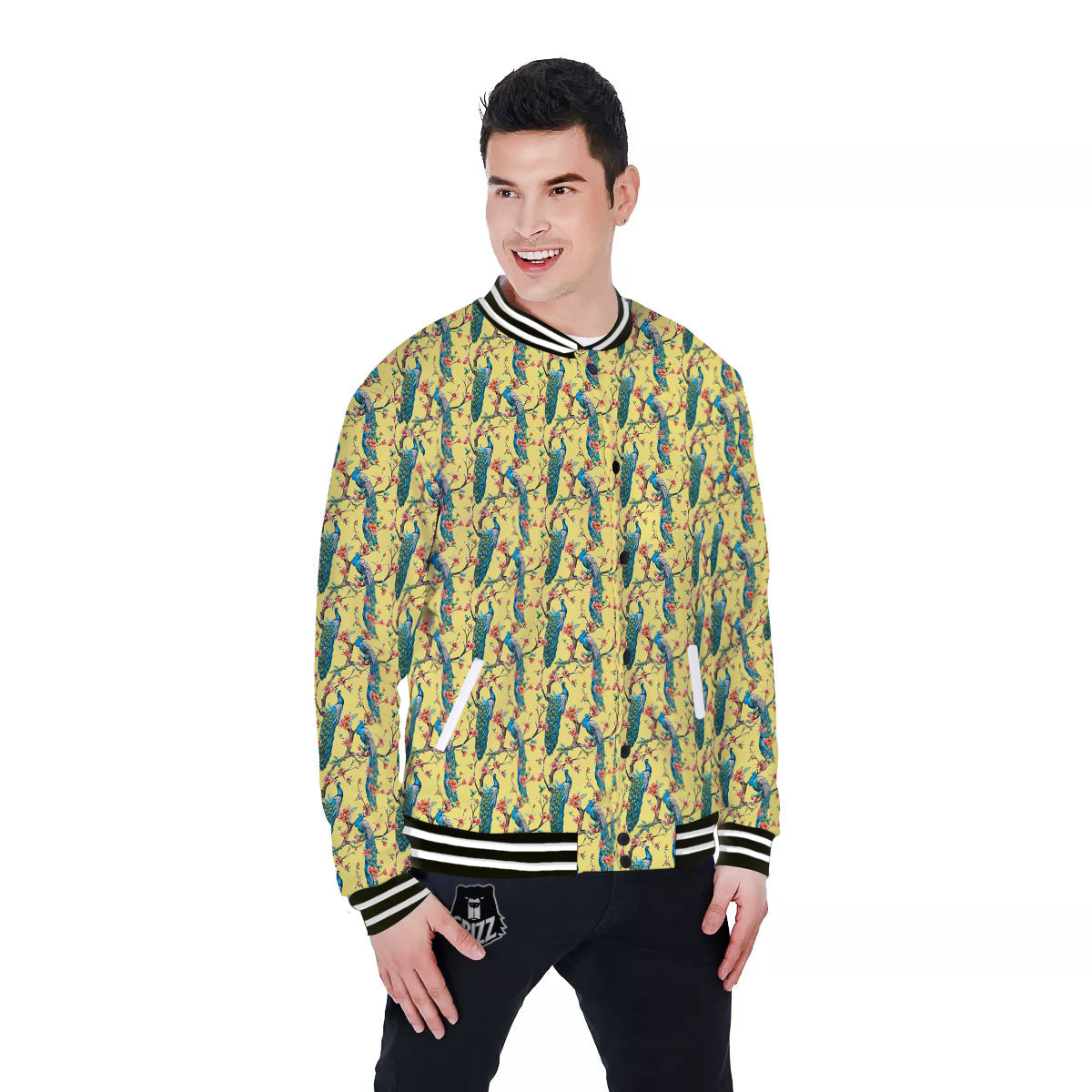 Peacock Cherry Blossom Print Baseball Jacket-grizzshop