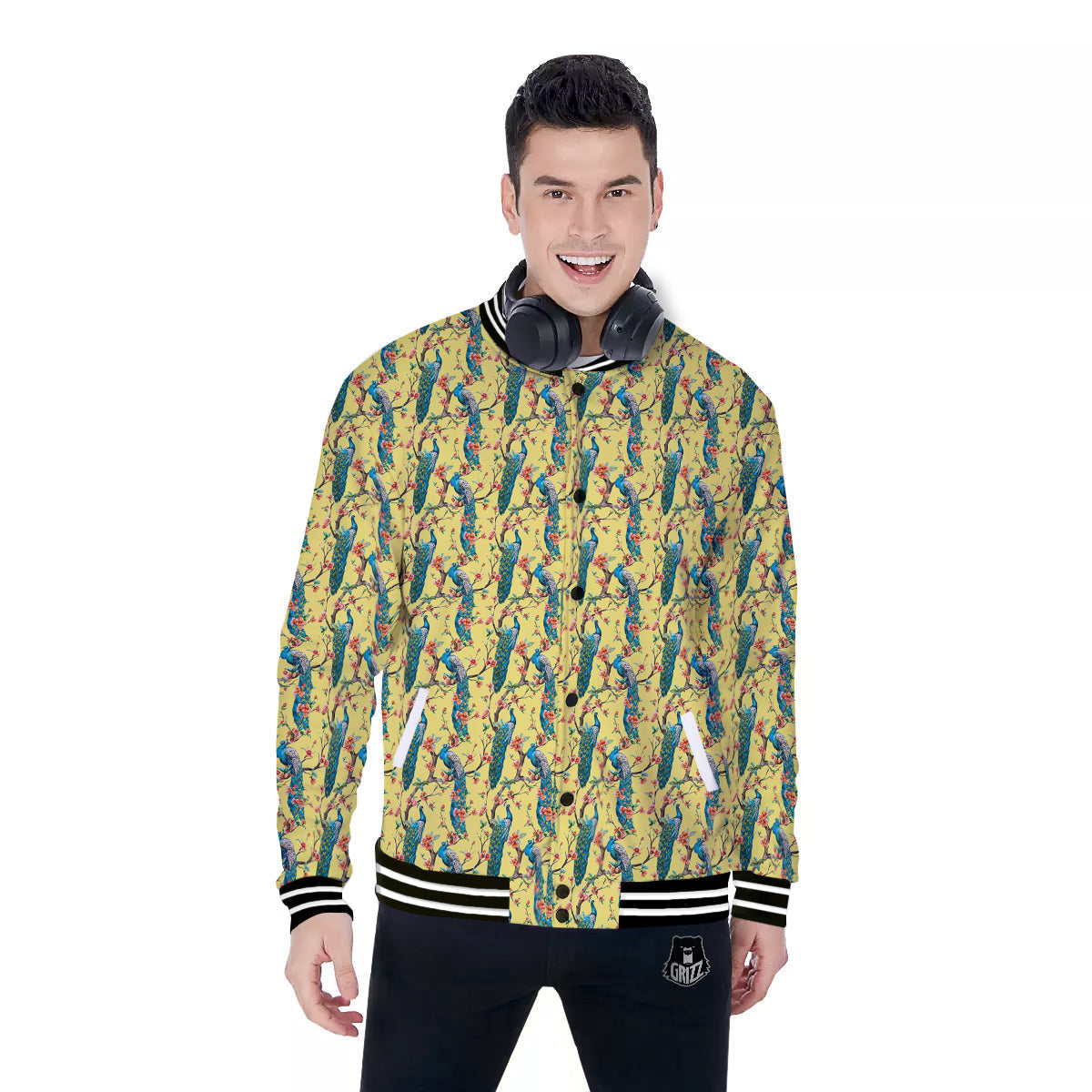 Peacock Cherry Blossom Print Baseball Jacket-grizzshop