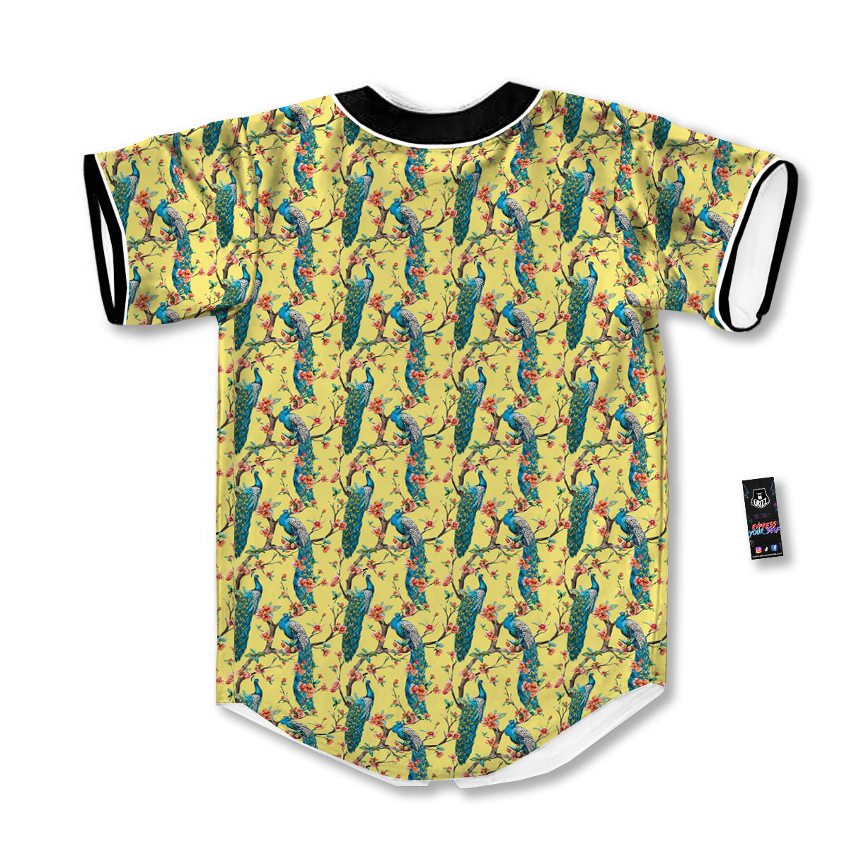 Peacock Cherry Blossom Print Baseball Jersey-grizzshop