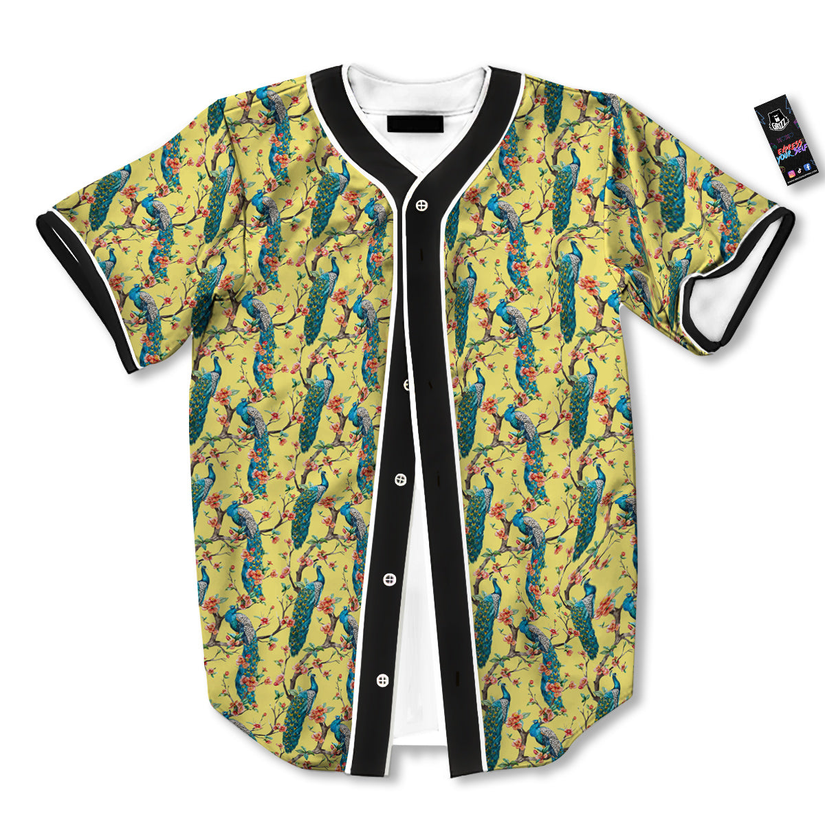 Peacock Cherry Blossom Print Baseball Jersey-grizzshop