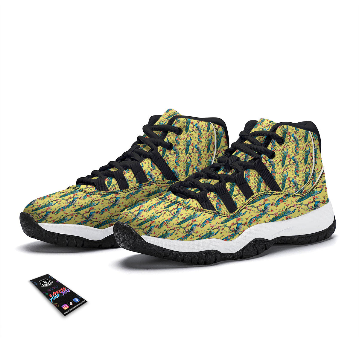 Peacock Cherry Blossom Print Black Bball Shoes-grizzshop