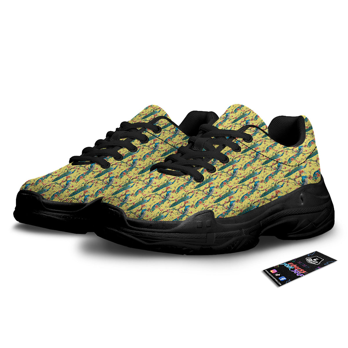 Peacock Cherry Blossom Print Black Chunky Shoes-grizzshop