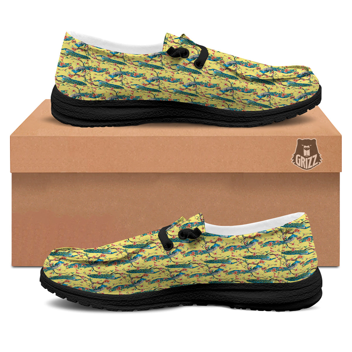 Peacock Cherry Blossom Print Black Loafers-grizzshop
