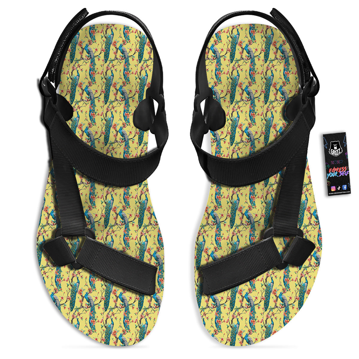 Peacock Cherry Blossom Print Black Open Toe Sandals-grizzshop