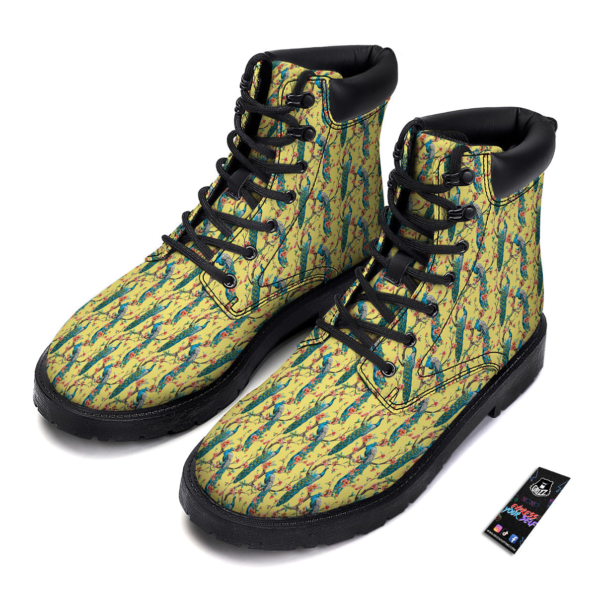 Peacock Cherry Blossom Print Boots-grizzshop