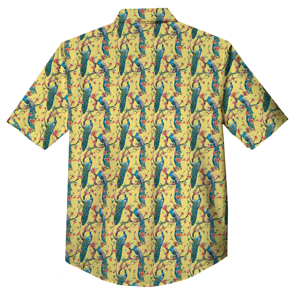 Peacock Cherry Blossom Print Button Up Shirt-grizzshop