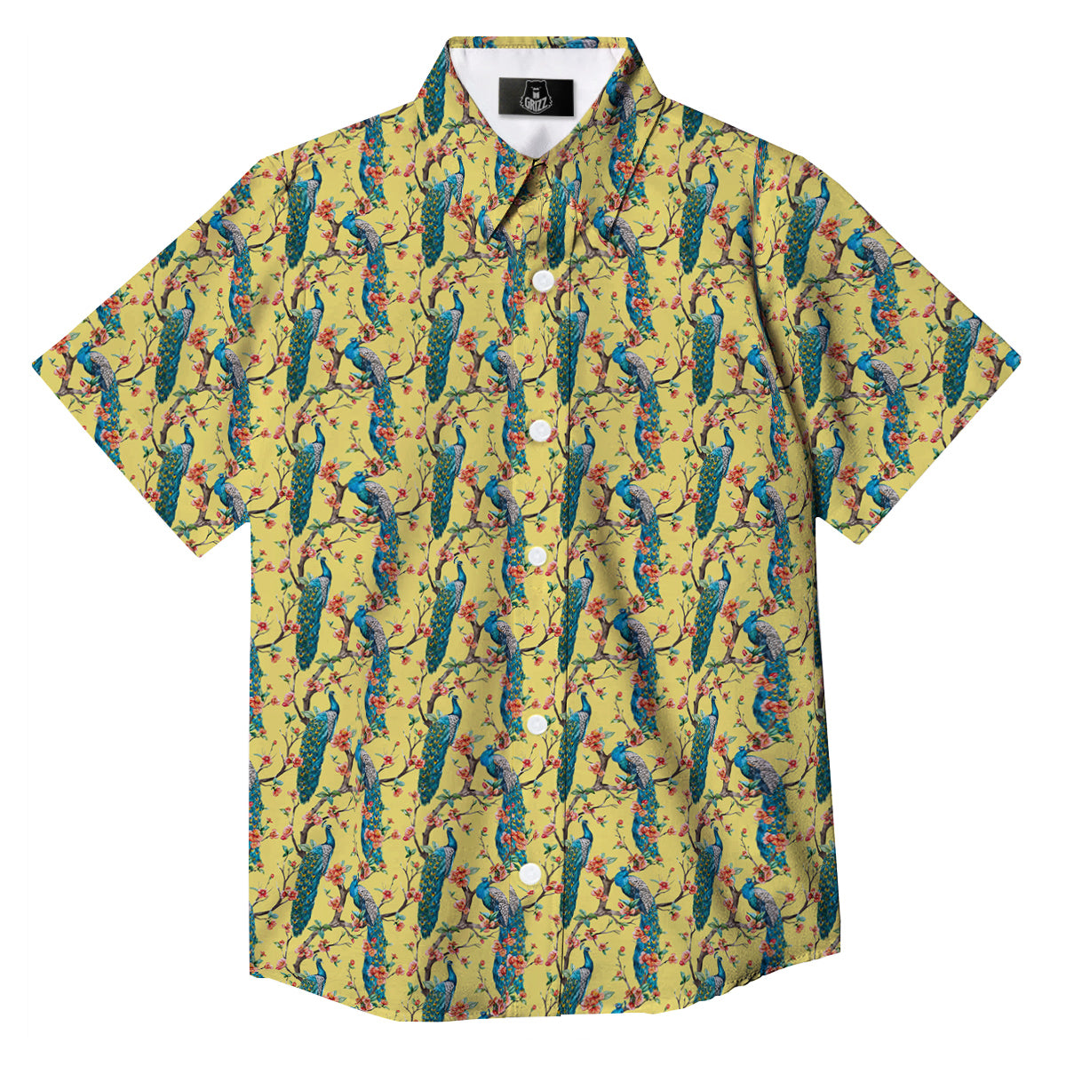 Peacock Cherry Blossom Print Button Up Shirt-grizzshop