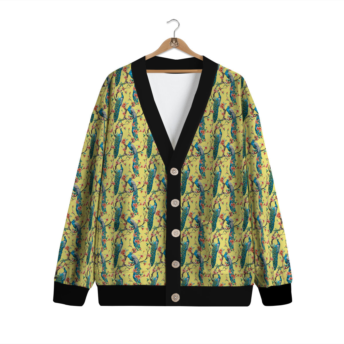 Peacock Cherry Blossom Print Cardigan-grizzshop