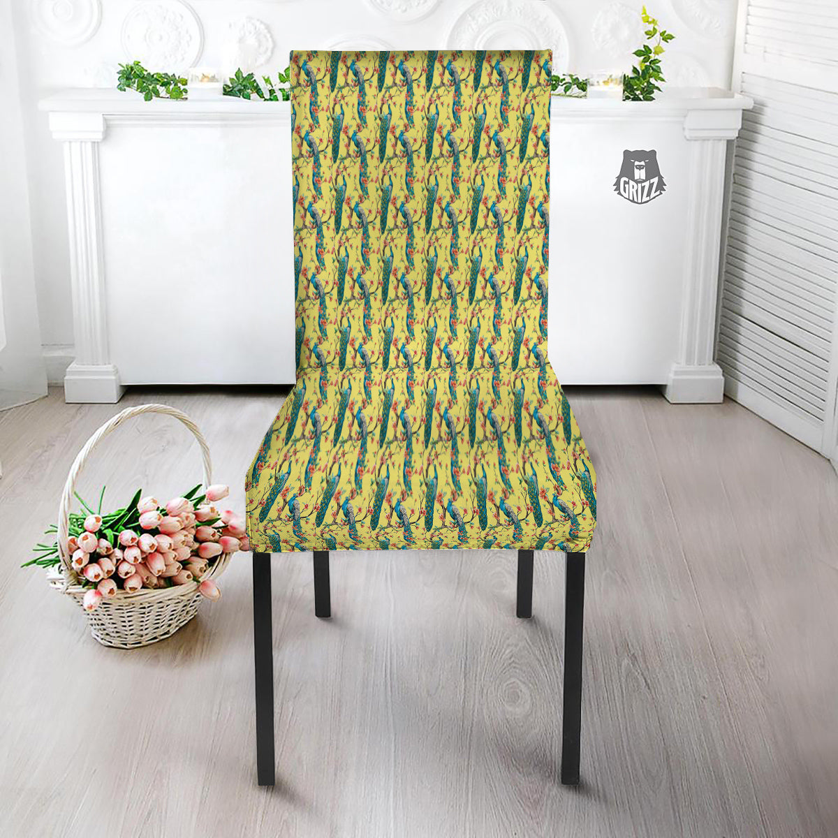 Peacock Cherry Blossom Print Dining Chair Slipcover-grizzshop