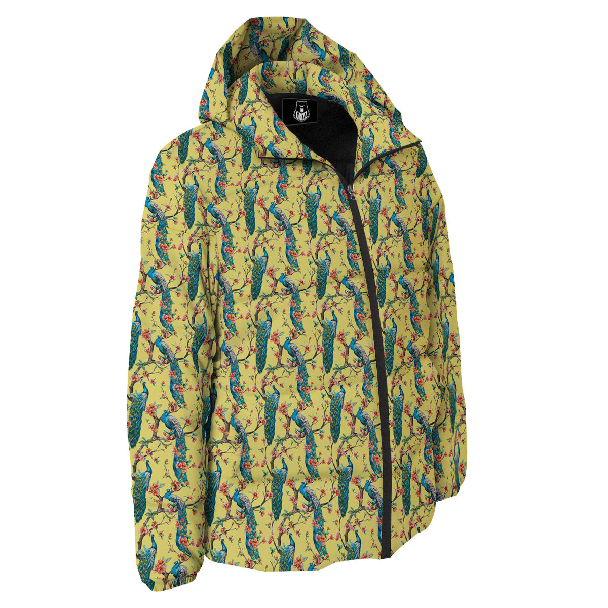 Peacock Cherry Blossom Print Down Jacket-grizzshop