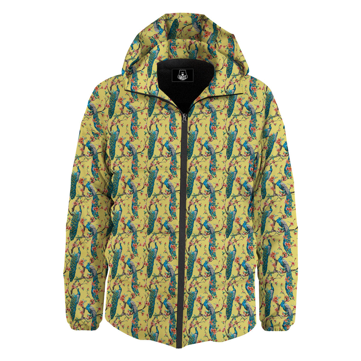 Peacock Cherry Blossom Print Down Jacket-grizzshop