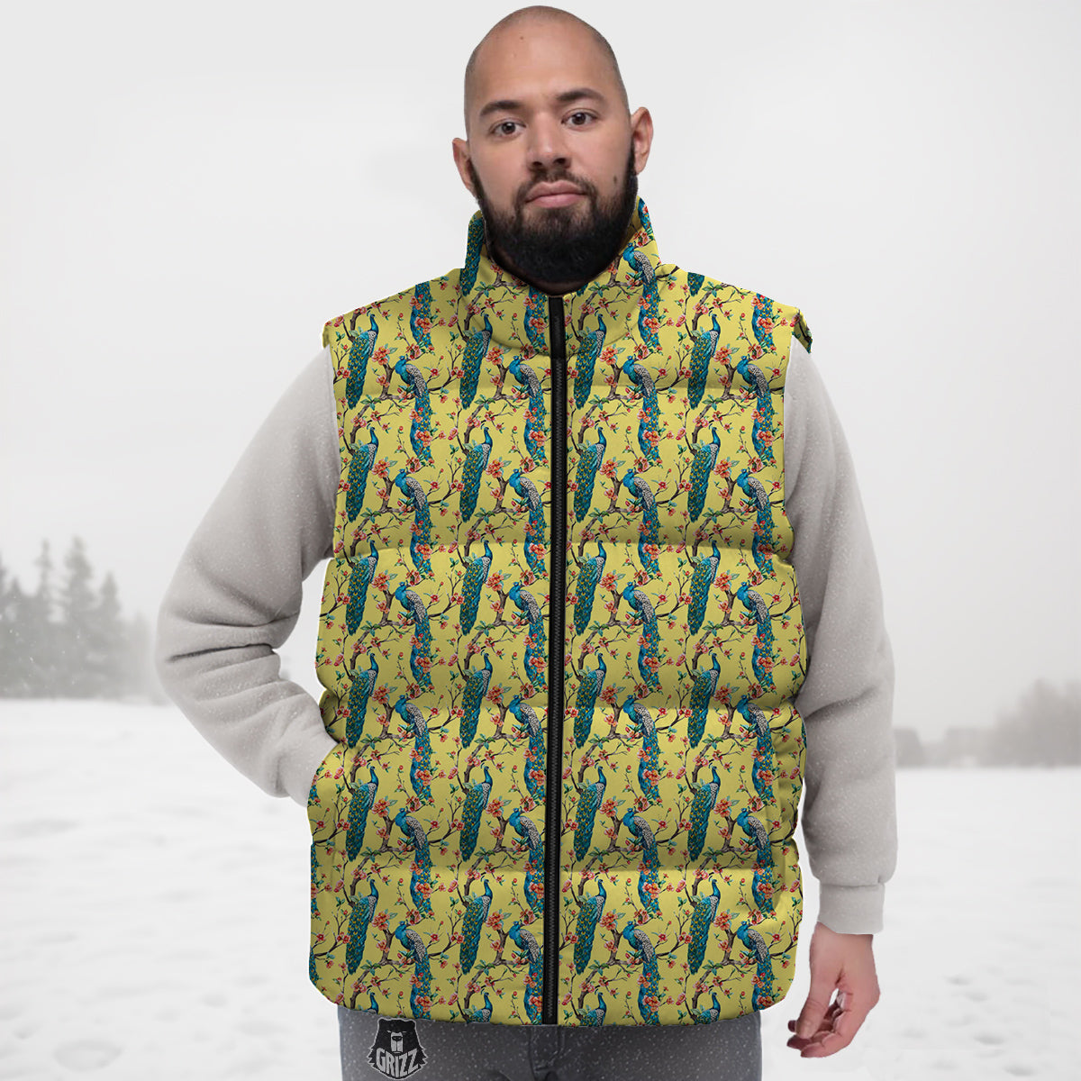 Peacock Cherry Blossom Print Down Vest
