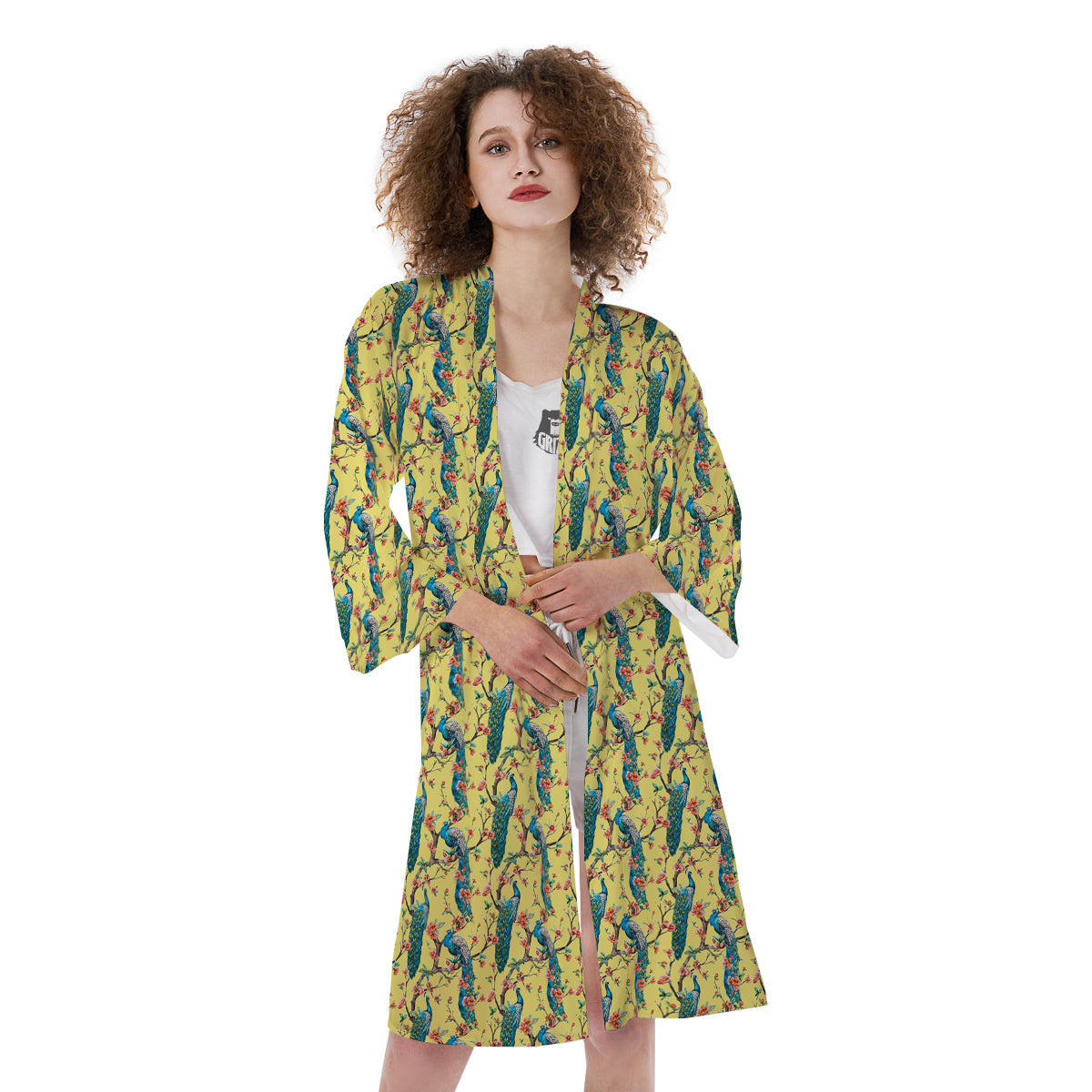 Peacock Cherry Blossom Print Kimono-grizzshop