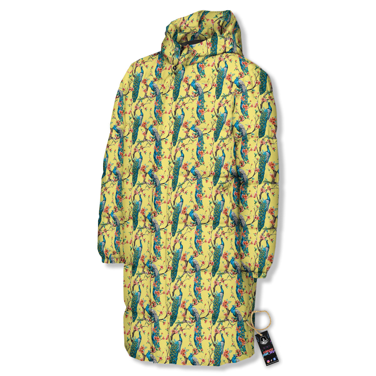 Peacock Cherry Blossom Print Long Down Jacket-grizzshop