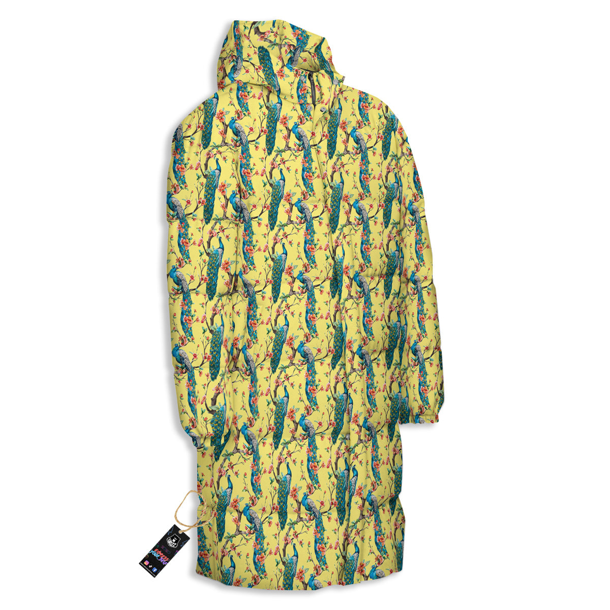 Peacock Cherry Blossom Print Long Down Jacket-grizzshop