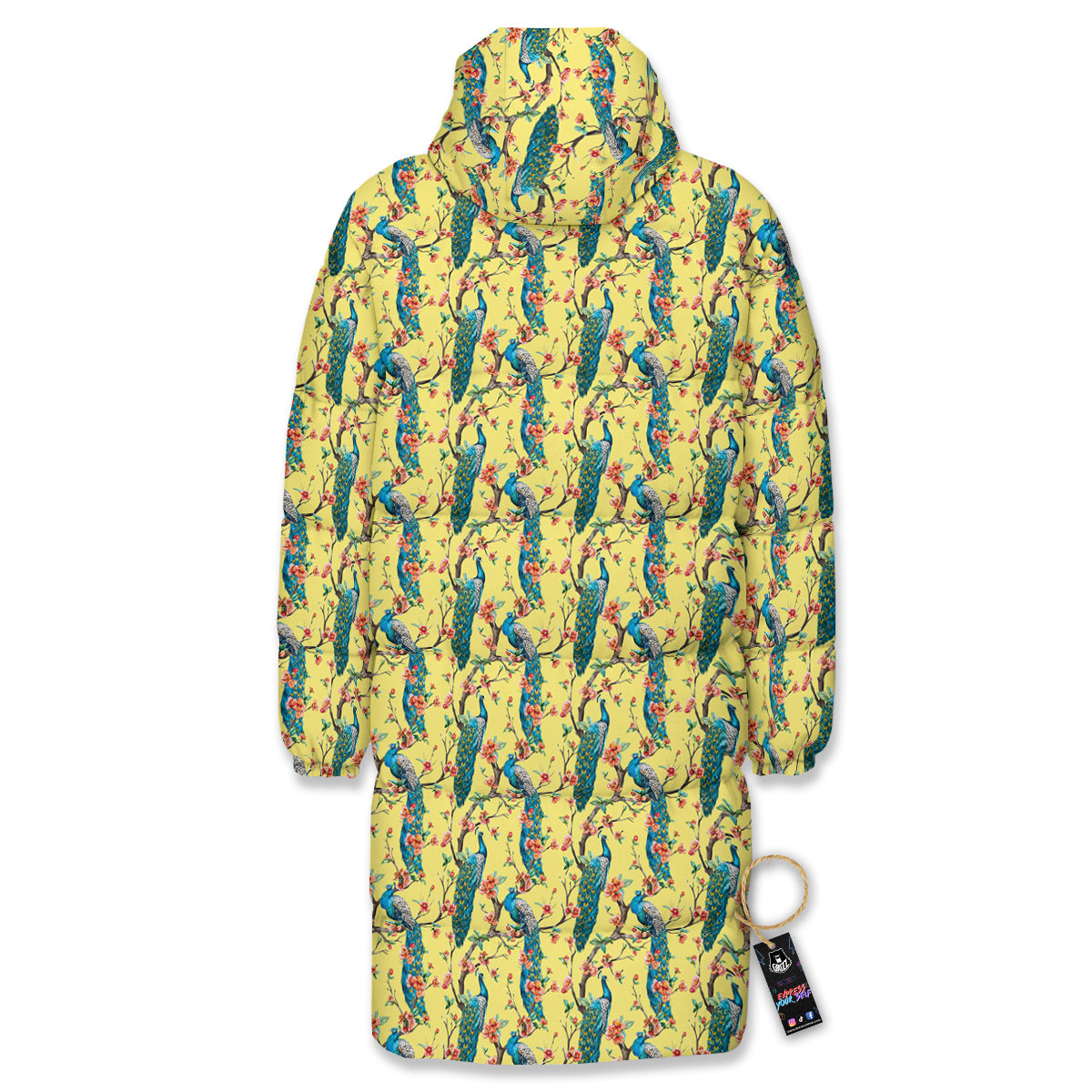 Peacock Cherry Blossom Print Long Down Jacket-grizzshop